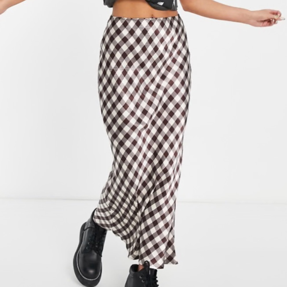 Topshop Satin Gingham Checkered Midi Skirt in Black & White